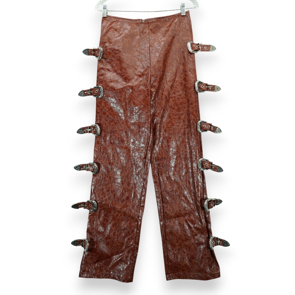 Nasty Gal Distressed Faux Leather Buckle Detail Pants | Alligator | Size 6 | EUC